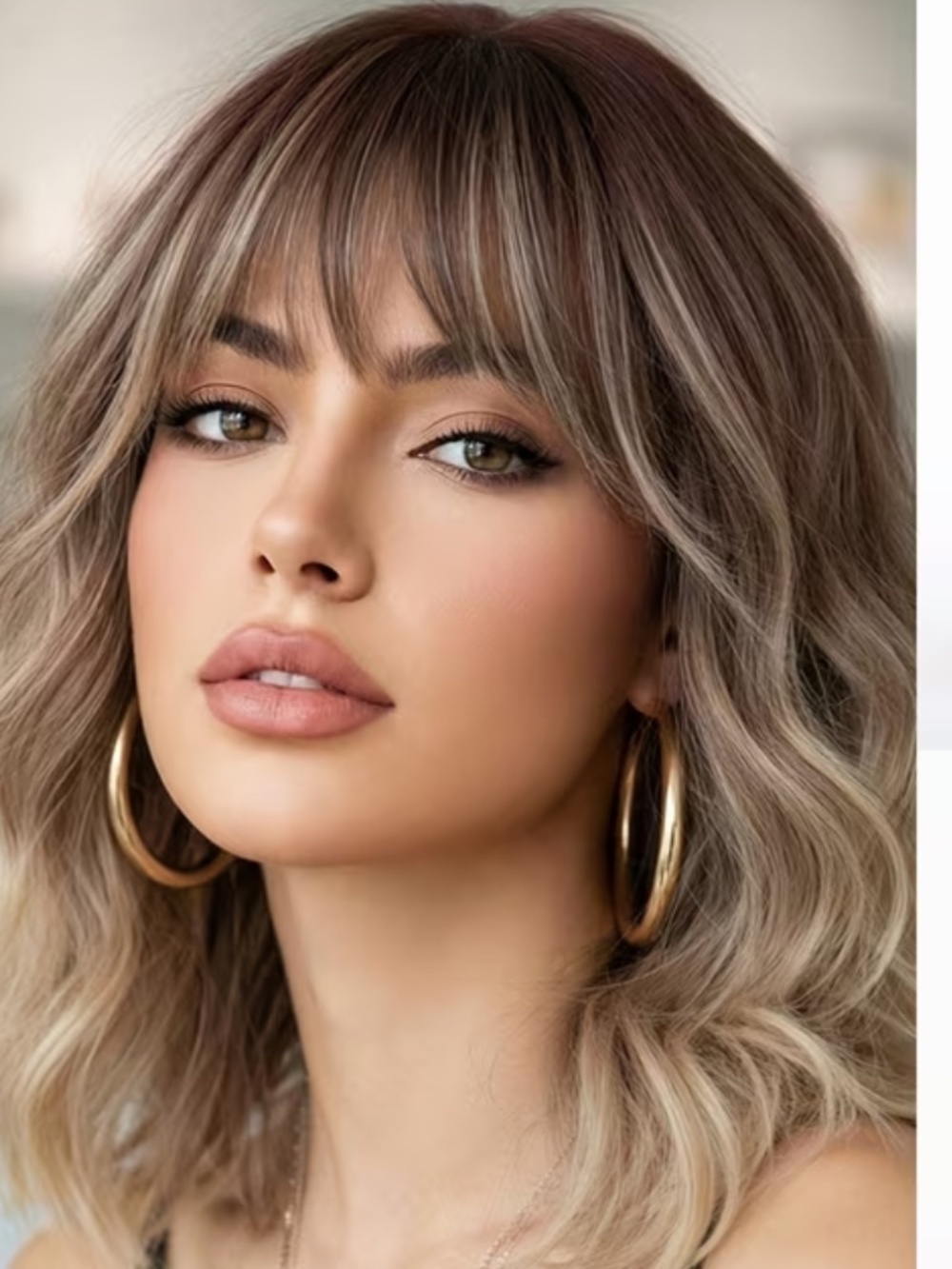 (2) Two 10-inch Bang Bob Wigs with Golden Brown Highlights, Collarbone.